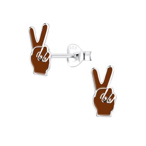 May include: A pair of sterling silver earrings featuring a peace sign hand gesture in brown enamel.