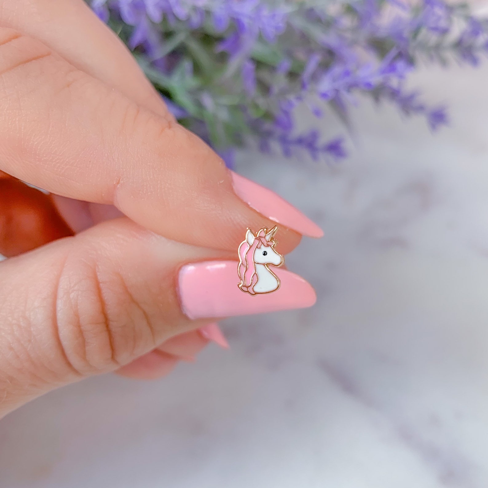 Pink And Blue Unicorn Stud Earrings With Blue Heart In Sterling Silver