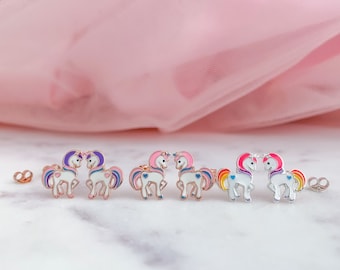 Pendientes de unicornio para niñas en plata de ley 925 / Unicornio en oro rosa / Pendientes de esmalte colorido / Pendientes infantiles / Joyería para niños