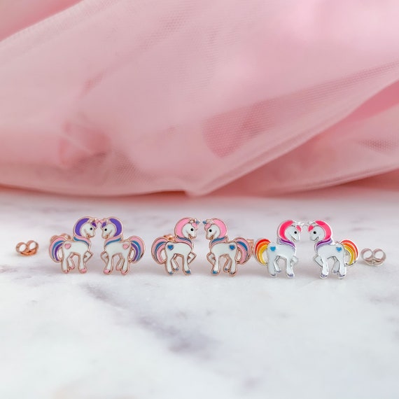 Unicorn Stud Earrings Pink and Blue Enamel Sterling Silver Unicorn Stud Earrings Pink and Blue Enamel Sterling Silver