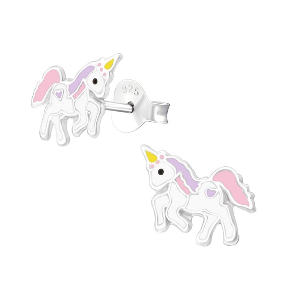 925 Sterling Silver Sitting Rainbow Unicorn Enamel Stud Earrings Kids Girls Cute 
