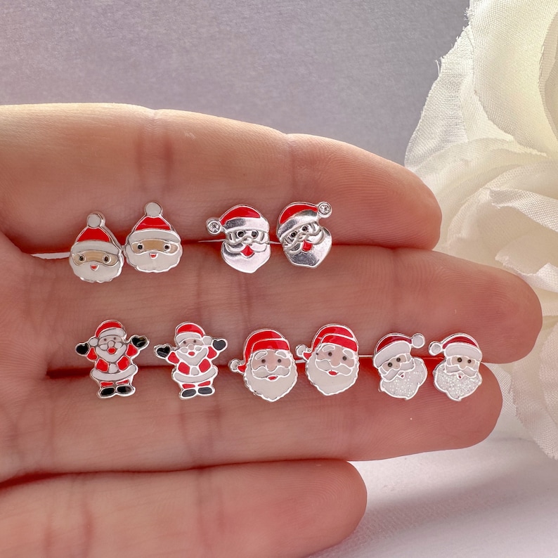 Sterling silver Santa stud earrings | Kids earrings | Girls earrings | Christmas earrings | Holidays jewelry | Hypoallergenic stud earrings image 1