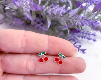 Clous d'oreilles cerises en argent sterling | Boucles d'oreilles pour enfants | Boucles d'oreilles pour tout-petits | Boucles d'oreilles petite fille | Bijoux pour enfants