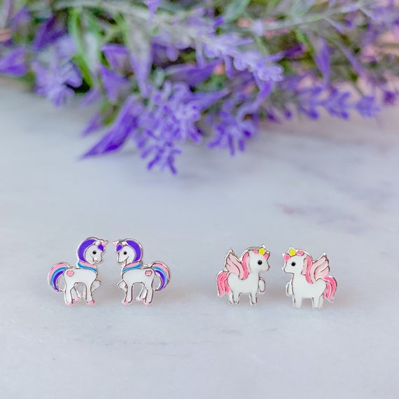 Katy Craig Orecchini Unicorno In Argento Sterling 925 – Dettagli Oro E Glitter – 9x7 Mm – Confezione Regalo