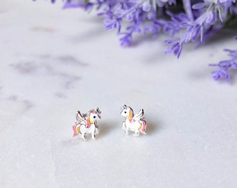 Unicorn with wings silver stud earrings for girls | Unicorn silver jewelry | Earrings for girls | Lightweight unicorn earrings for kids.