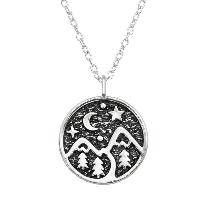 Halsband för berg i sterlingsilver | Halsband för vandring | Gåva för friluftsmänniskor | Gåva för naturälskare | Elegant silverhalsband Moon mountain