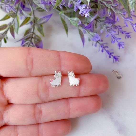 Llama Stud Earrings Enamel and Sterling Silver Childrens Llama Stud Earrings Enamel and Sterling Silver Childrens