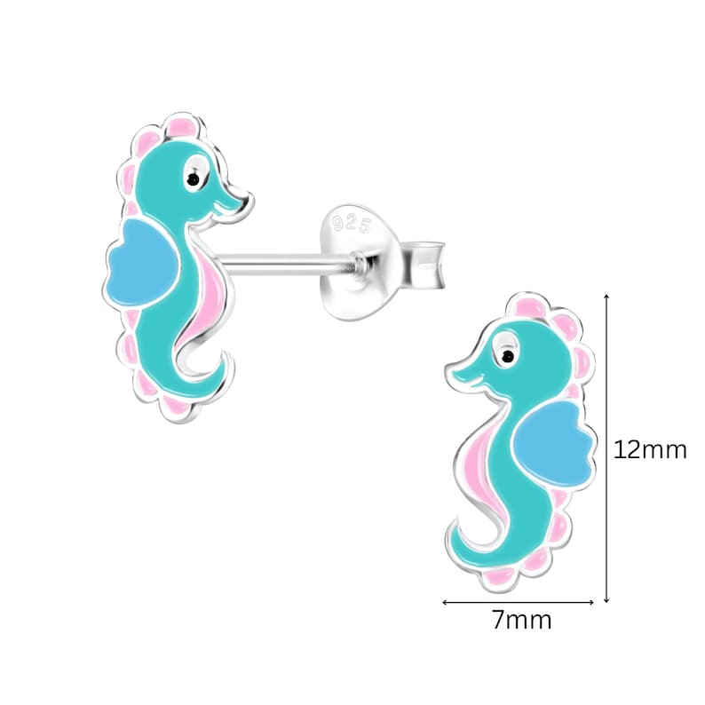 May include: Sterling silver stud earrings featuring a blue and pink seahorse design. The earrings are 12mm tall and 7mm wide.