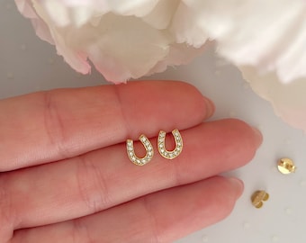 14K Gold horseshoe earrings | Minimalist earrings | Lucky jewelry | Horse lover gift | Dainty pave earrings