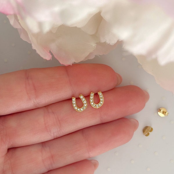 14K Gold horseshoe earrings | Minimalist earrings | Lucky jewelry | Horse lover gift | Dainty pave earrings