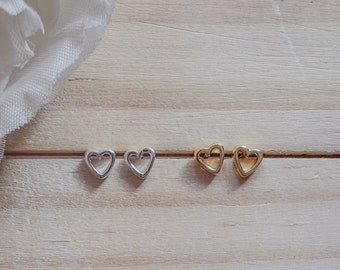 Pendientes de corazón abierto de plata de ley / Pendientes de corazón de oro de 5 mm / Pendientes de corazón de contorno / Pendientes delicados / Pendientes minimalistas