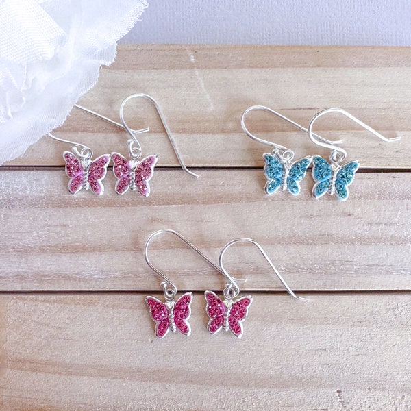 Sterling silver butterfly dangle earrings | Kids earrings | Children earrings| Earrings for girls | Hypoallergenic, sensitive ear earrings