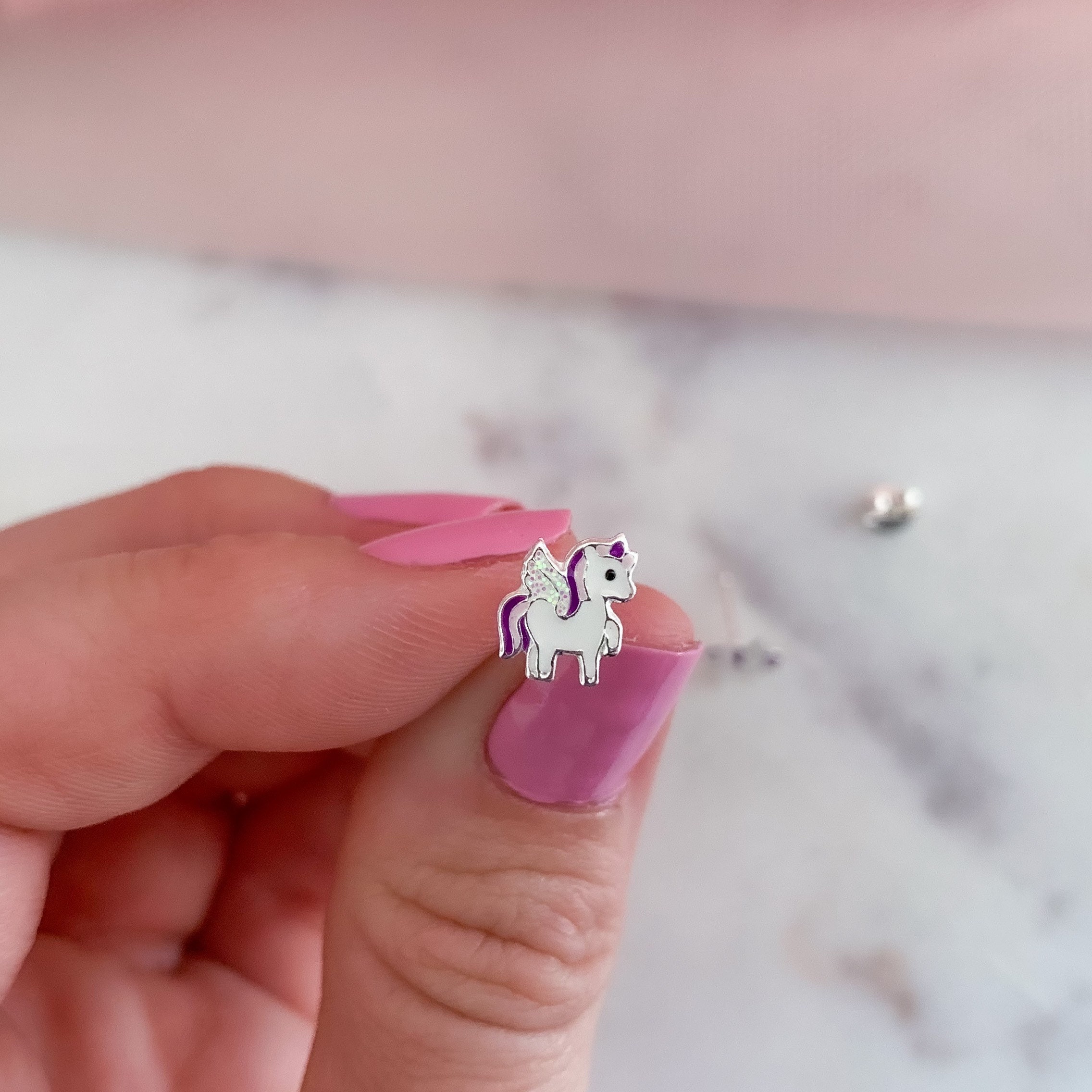 Boucles D'oreilles Clous Licorne Argent 925 Pour Enfants - Multicolores, Fermoir Papillon, Neuf