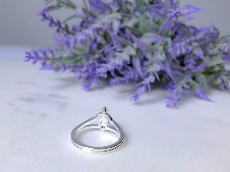 May include: A silver ring with a double band design. The ring features a central, oval-shaped clear stone, and a smaller stone above it. The ring is set against a backdrop of purple flowers.