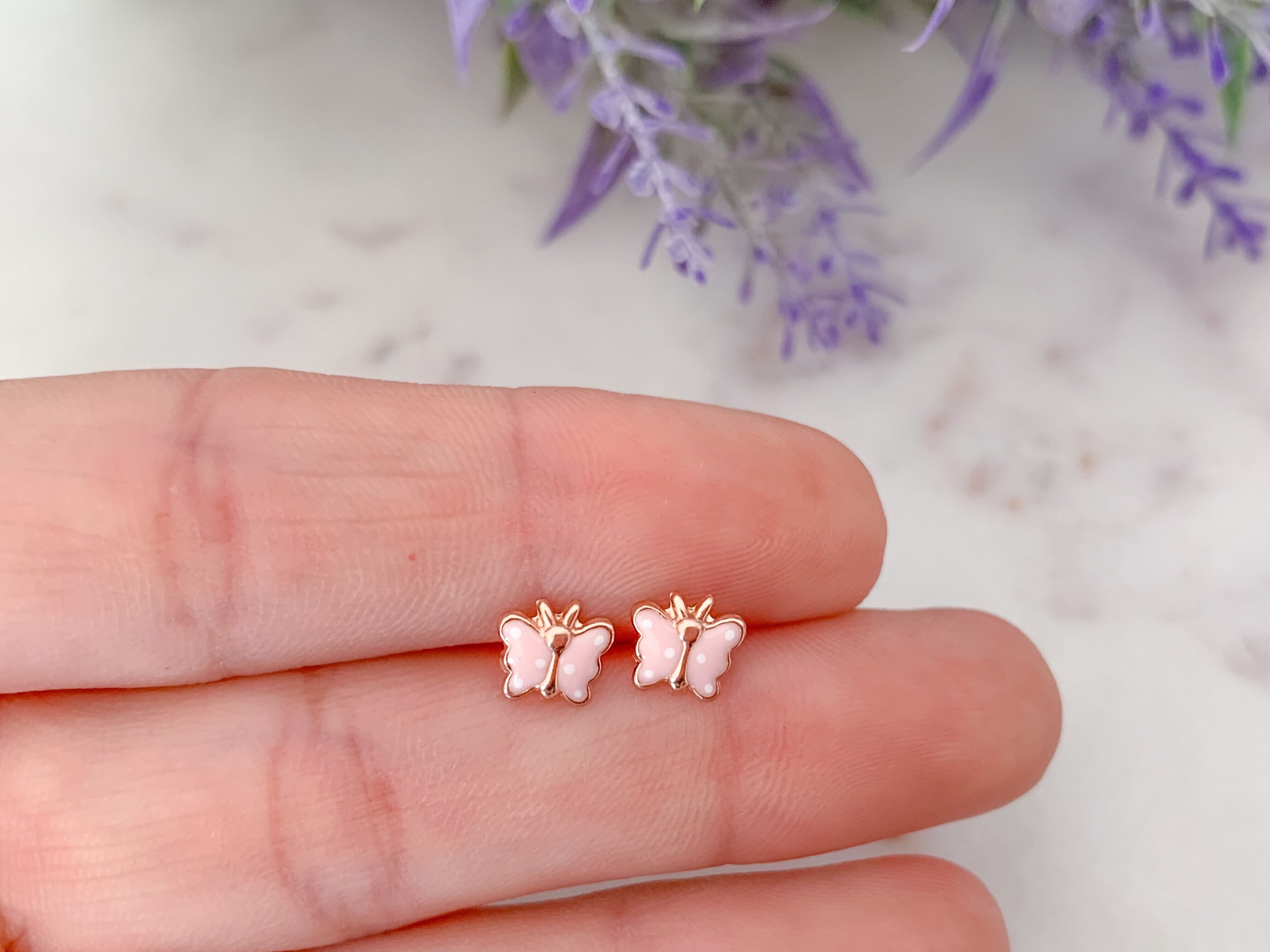 Rose gold butterfly stud earrings Pink toddler earrings Etsy