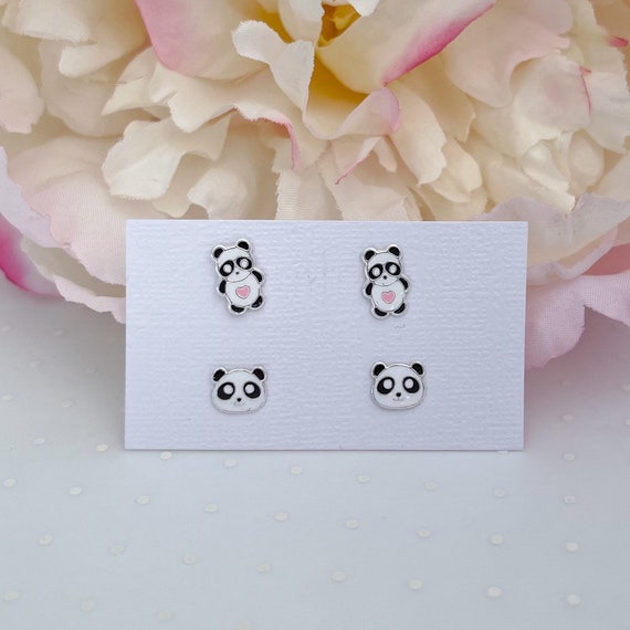Cute Panda Earrings in Sterling Silver, Panda Bear Stud Earrings, Animal Earrings, Nature Lover - UK