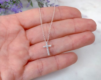 925 Sterling silver cross necklace, Dainty Cubic Zirconia small cross necklace, Silver Cross pendant, Catholic necklace, Cross jewelry.