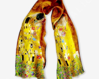 Klimt Silk Scarf, 'The Kiss' Painting , %100 Silk Foulard, 45x165 cm