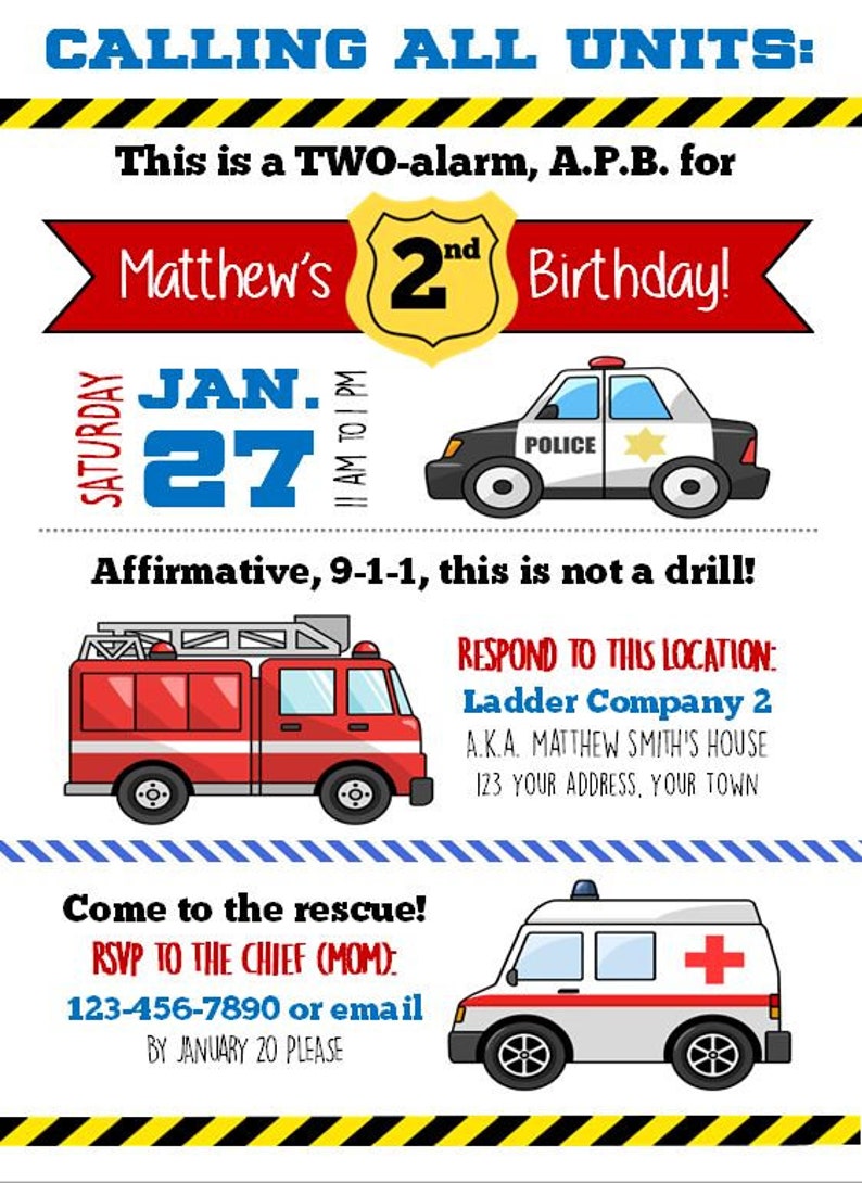 Emergency Vehicles Birthday Party Invitation Vertical Etsy