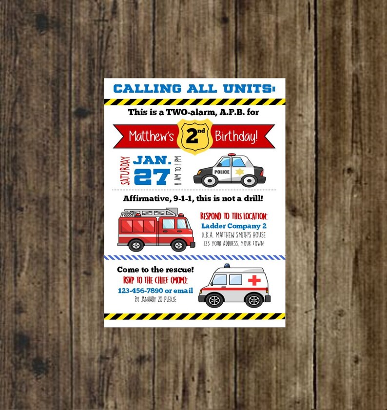 Emergency Vehicles Birthday Party Invitation Vertical Etsy