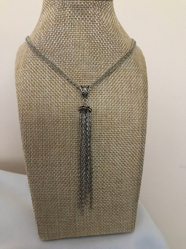 hippie chic double chain necklace drop neckace Silver tassel necklace bohemian boho tassel necklace Edwardian