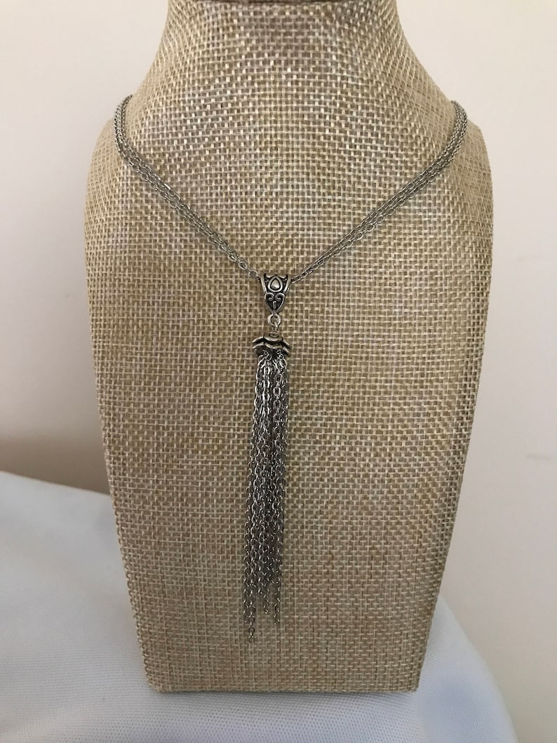 hippie chic double chain necklace drop neckace Silver tassel necklace bohemian boho tassel necklace Edwardian