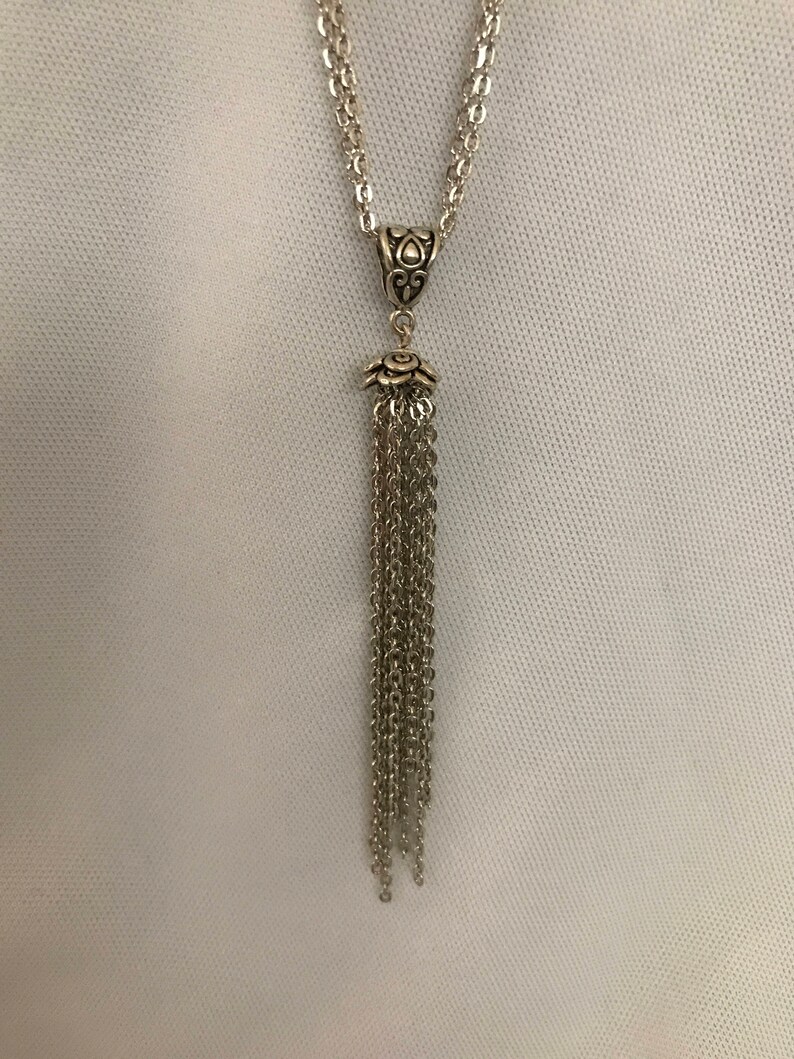 hippie chic double chain necklace drop neckace Silver tassel necklace bohemian boho tassel necklace Edwardian