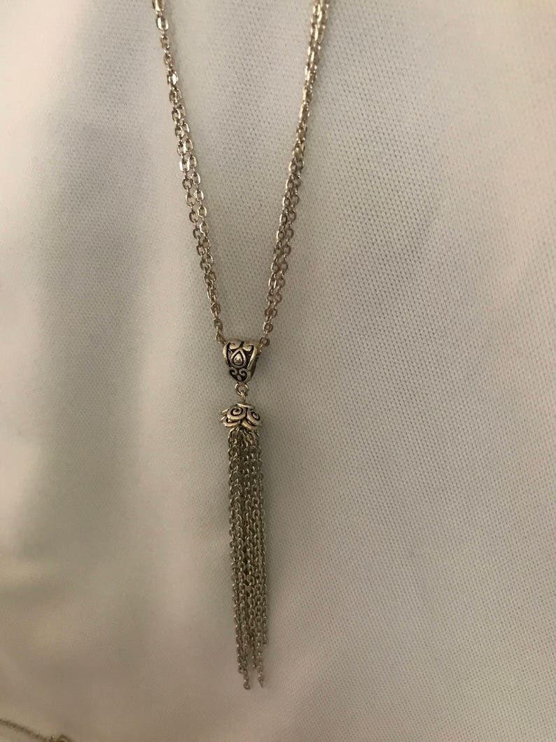 hippie chic double chain necklace drop neckace Silver tassel necklace bohemian boho tassel necklace Edwardian