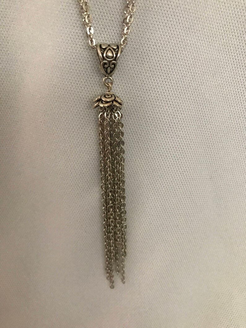 hippie chic double chain necklace drop neckace Silver tassel necklace bohemian boho tassel necklace Edwardian