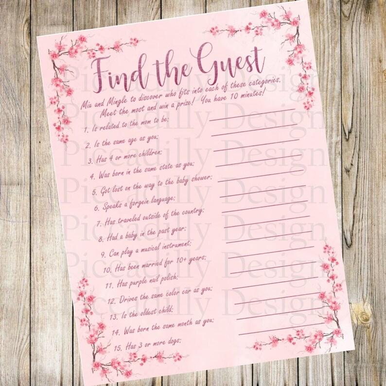 Cherry Blossoms Baby Shower Games Find The Guest Icebreaker Etsy
