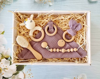 Newborn Baby Hamper | Purple Muslin Cotton Baby Gift Set | Crochet Pony | Baby Shower Gift