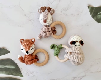 Baby Rattle Gift Set | Crochet Reindeer, Sloth or Fox Rattle | Baby Toy Gift Box | Newborn Gift | Wooden Toy Rattle