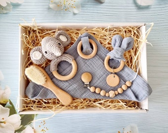 Newborn Baby Hamper | Blue Muslin Cotton Baby Gift Set | Crochet Grey Elephant | Baby Shower Gift