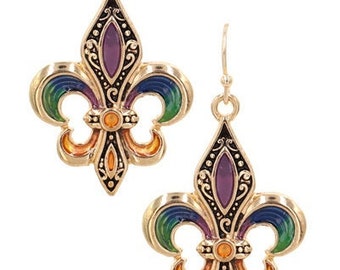 Fleur de Mardi Dangle Metal Earrings - Fleur de lis - Louisiana Mardi Gras Jewelry - State of Louisiana