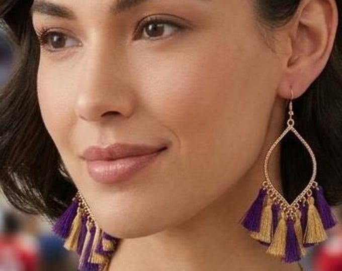 GameDay Ready: Purple and Gold Feather Yarn Tassel Earrings with Fishhook Closure
