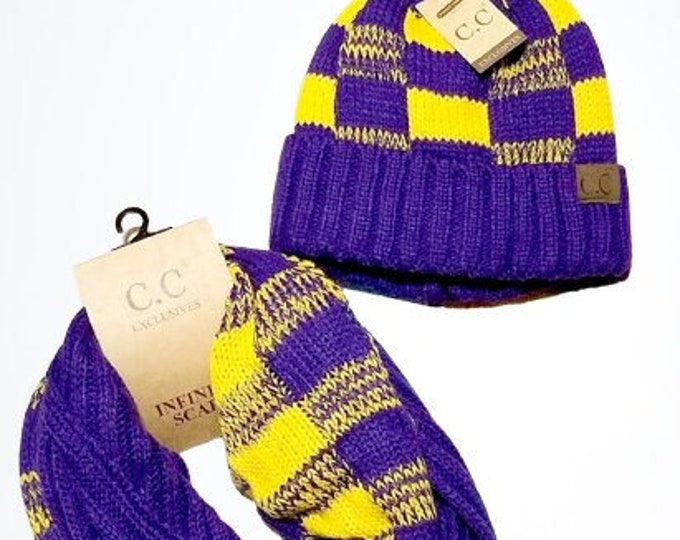LSU Purple and Gold Buffalo Check Game Day C.C Beanie and Infinity Scarf
