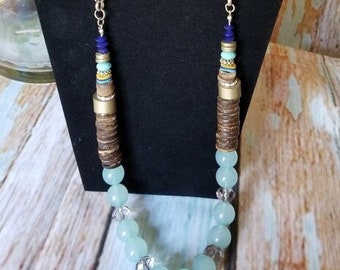 Green - Blue Beaded Long Strain Statement Necklace
