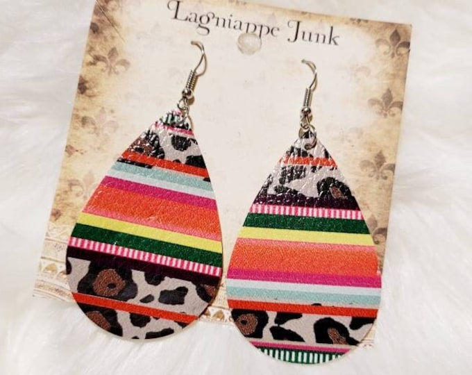 Handmade Leopard Serape Teardrop Earrings - Western Leather Jewelry