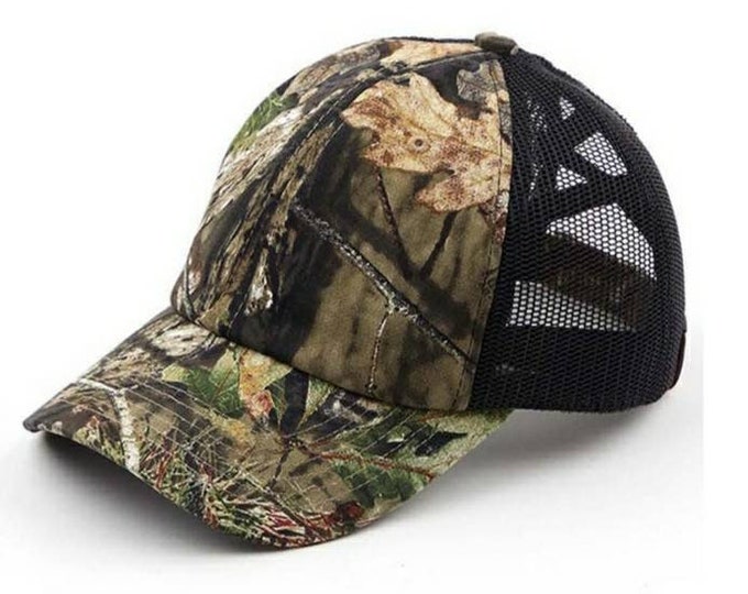 C.C Mossy Oak Camouflaged Mesh Criss Cross High Ponytail Cap - Messy Bun Pony Cap- High Ponytail Ball Cap