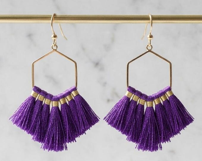 Purple Game Day Feather Tassel Earrings – Hexagon Drop, Gold Fishhook Closure