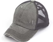 C.C. Washed Denim Solid Criss Cross Cap - Messy Bun Cap- High ponytail Ball Cap