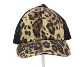 C.C. Leopard Washed Denim Mesh Criss Cross Cap - Messy Bun Cap- High Ponytail Ball Cap