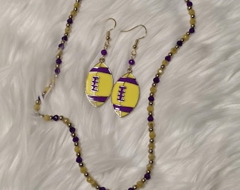 Purple and Gold Football Pendant Team Spirit Jewelry Set - Charm Necklace and Earrings