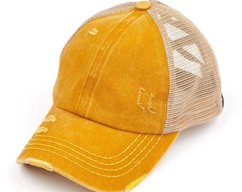 C.C Distressed Mesh Criss Cross High Ponytail Cap - Messy Bun Cap- High Ponytail Ball Cap- Cross Banded Baseball Cap