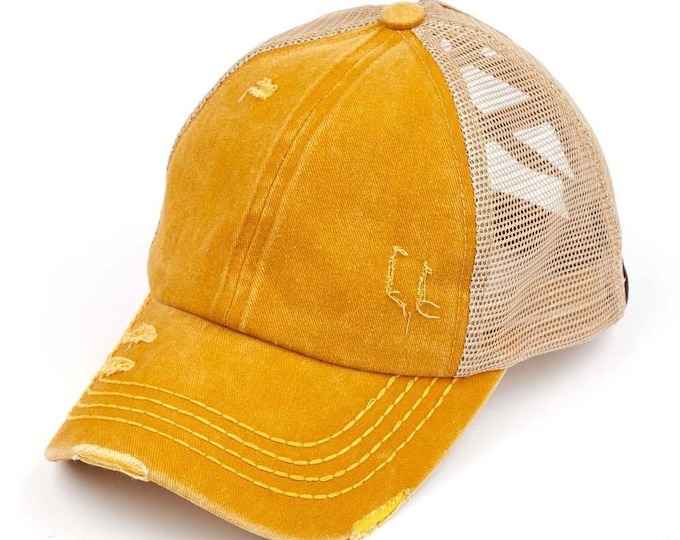 C.C Distressed Mesh Criss Cross High Ponytail Cap - Messy Bun Cap- High Ponytail Ball Cap- Cross Banded Baseball Cap