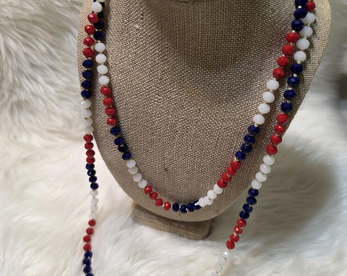 Red White & Blue Beaded Necklace – 60 Inch Faceted Glass - Game Day- Team Spirit
