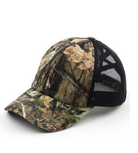 C.C Mossy Oak Camouflaged Mesh Criss Cross High Ponytail Cap - Messy Bun Pony Cap- High Ponytail Ball Cap