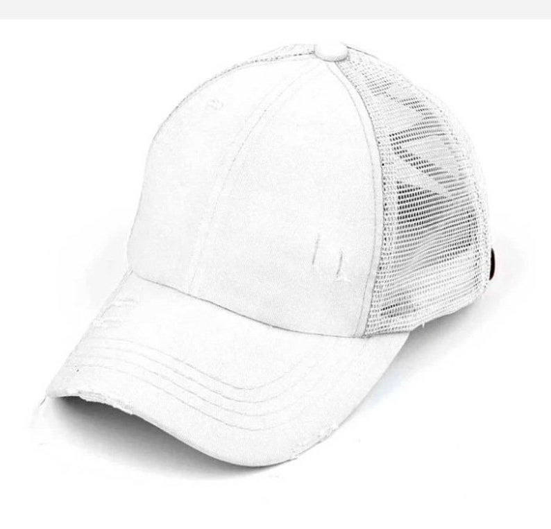 May include: White baseball cap with a mesh back. The cap has a curved brim and a distressed, worn look. The cap is made of a soft material and has a button on top.