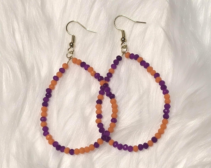 Purple and Orange Glass Bead Teardrop Earrings - Game Day - Clemson