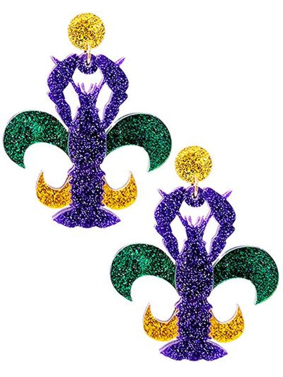 Fleur de Crawfish Glitter Dangle Acrylic Earrings - Fleur de lis - Louisiana Mardi Gras Jewelry - State of Louisiana